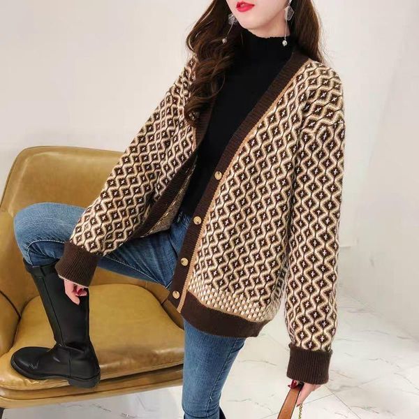 

women's knits & tees large size autumn and winter versatile retro style knitted cardigan female student loose thin coat sweater, White