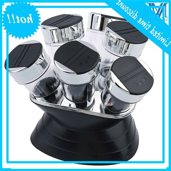 

7pcs pepper and salt cruet plastic kitchen spice set 6pcs potts + 1pc black rack