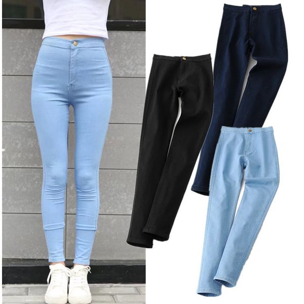 

autumn and winter 2020 style high waist casual leggings women's elastic slim jeans pants, Blue