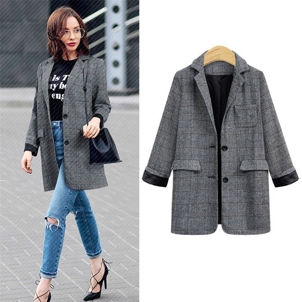 

vintage plaid blazer women's jacket autumn oversized long office blazer feminino casual double breasted chic suit coat 201201, White;black