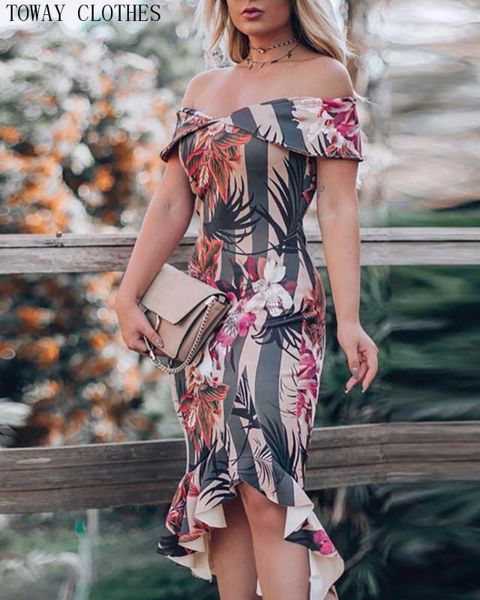 

flower leaves mid-calf striped women off shoulder bodycon irregular ruffled dress dress1, Black;gray