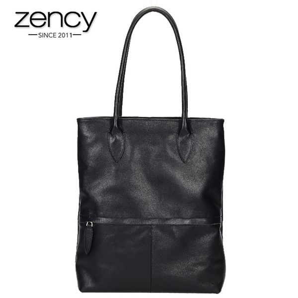 

zency classic black women handbag 100% genuine leather daily casual tote elegant lady shoulder bags big shopping bags c0121