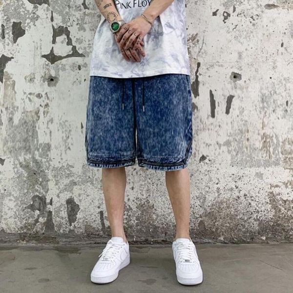 

harajuku washed retro loose drawstring jeans shorts streetwear oversize ripped hip hop five point pants mens1, White;black