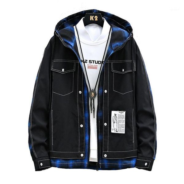 

plaid hooded mens jackets 2021 new spring autumn casual male pockets patchwork men winter fleece jacket coats 1, Black;brown