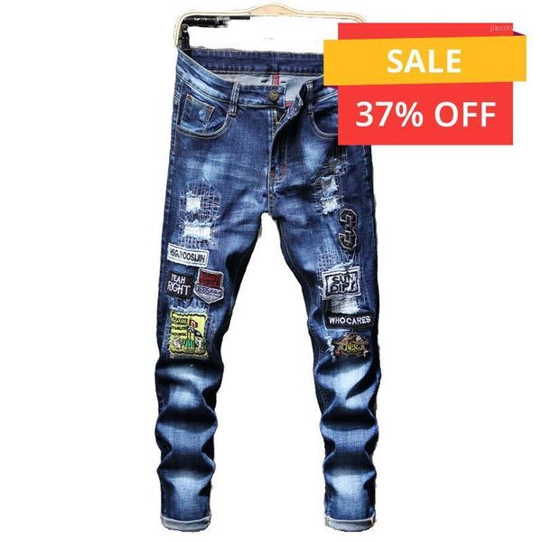 

new 2020 men's hole embroidered jeans slim men trousers casual denim pants classic cowboys young man black blue1, Blue