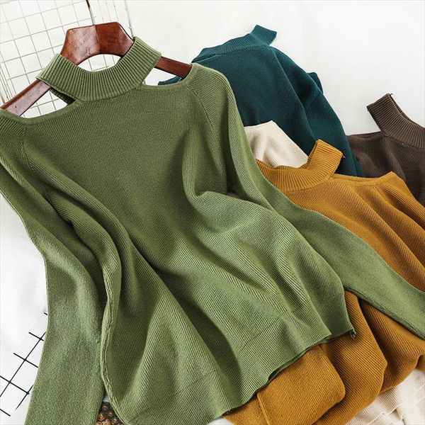 

холтер шеи плеча свитер для женщин streetwear мода женщины длинные повседневный твердые вязание пуловеры свитер, White;black