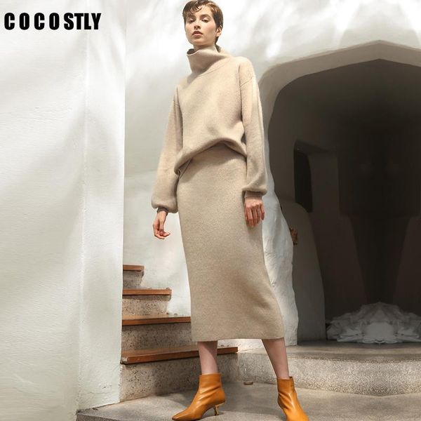 

2 pieces set women wool knitted turtleneck pullover sweater loose knit cashmere sweater and wool skirt suits set tracksuits1, Gray