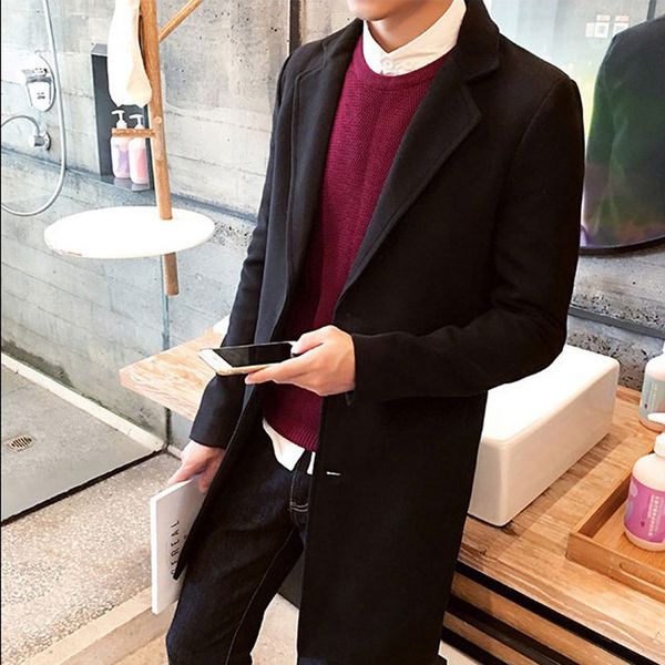 

2020 brand autumn and winter men's jackets casual woolen overcoat for male single buckle long outer wear clothing garment, Black
