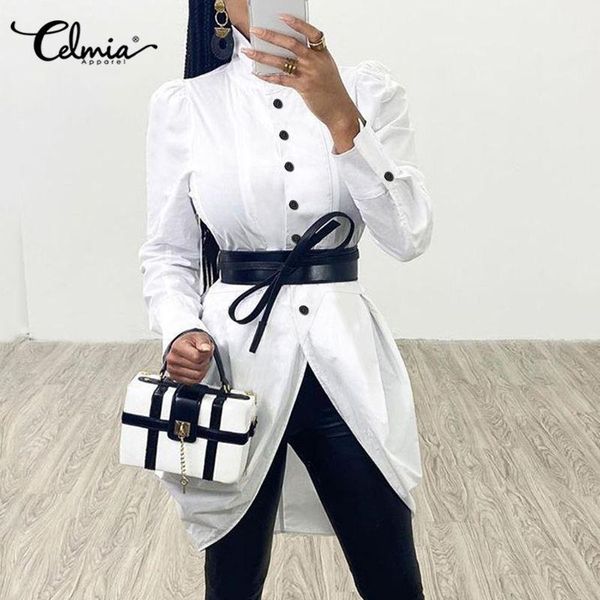 

celmia women lapel long shirts autumn long sleeve asymmetrical blouse fashion tunic casual solid buttons office blusas, White