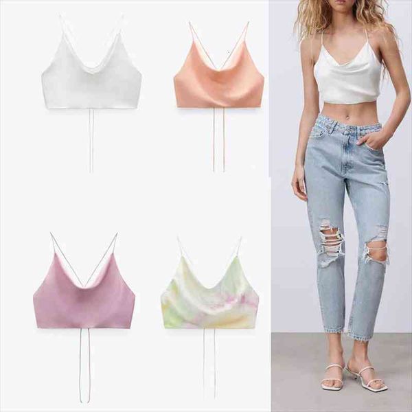 

za white satin crop women pink summer strap tank woman backless camisole beachwear tanks