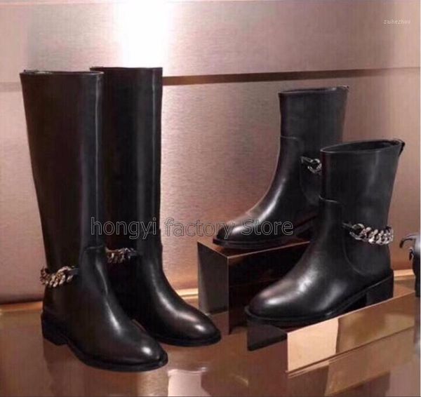 

fashion knee high black leather boots woman round toe silver chain flat long boots women fashion winter booty1