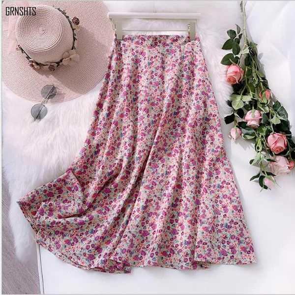 

summer drawstring pleated split high waist bag hip mid-length skirts bohemian print elegant charming small floral chiffon skirt1, Black