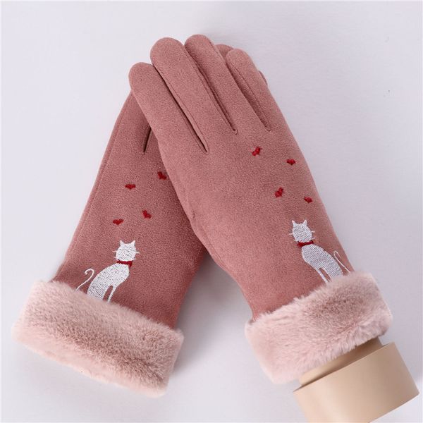 

2019 new winter gloves women solid color warm touch screen embroidery cute cat windproof outdoor lady glove mittens, Blue;gray
