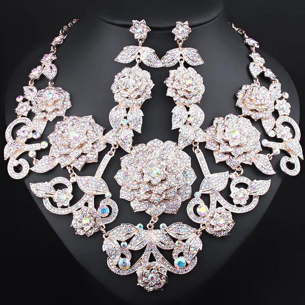 

luxurous bridal jewerlry sets big flowers drop earrings statement necklace set wedding party costume jewellery for women, Silver