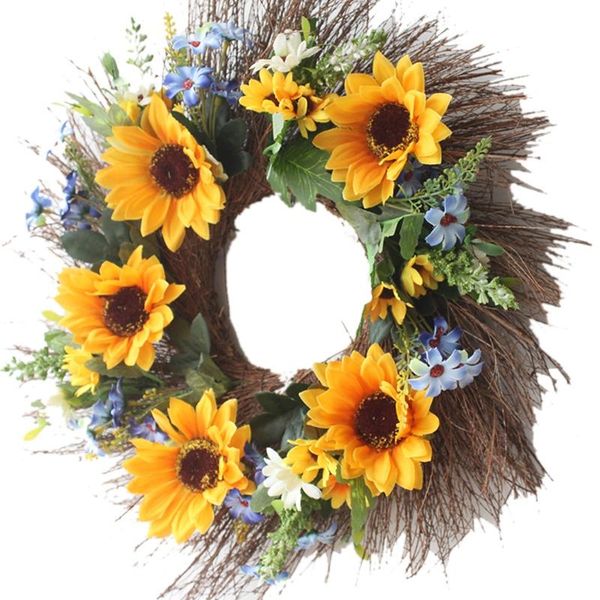 

decorative seasonal wreath spring/summer, front door or indoor wall, 16 inch diameter, sunflower