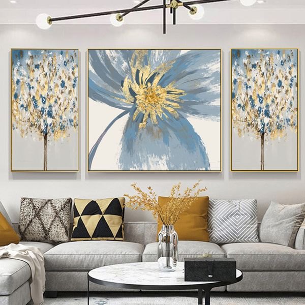 3 панели голубого золота цветок живопись масляными маслом напечатаны на холсте современный северный цветок фон декоративный абстрактный плакат и принты искусства
