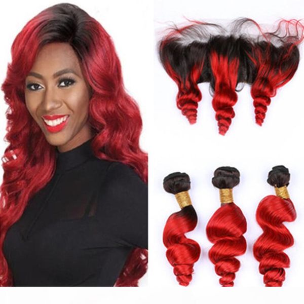 

loose wave burgundy ombre brazilian hair 3pcs bundles with frontal #1b 99j wine red ombre human hair 13x4 lace frontal closure with weaves, Black;brown