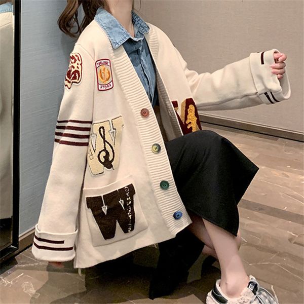 

2021 female woolen sweater lazy style new korean winter student with tightrope v embroidered neckline amend trendy cardigan x88k, White;black