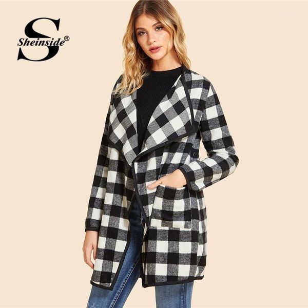 

sheinside black and white belted waterfall collar gingham long coat women clothes 2018 autumn outerwear womens jackets and coats1, Black;brown