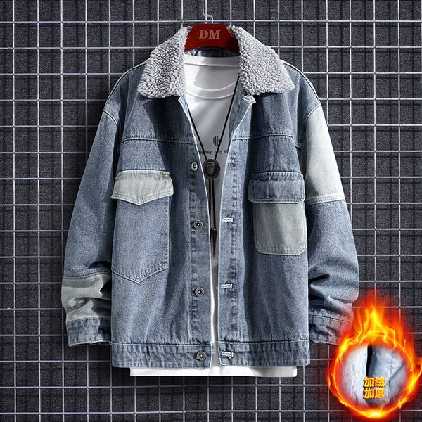 

2020 winter denim jacket men's coat cashmere thickened cashmere loose tooling wool collar leisure fashion brand clothing, Blue