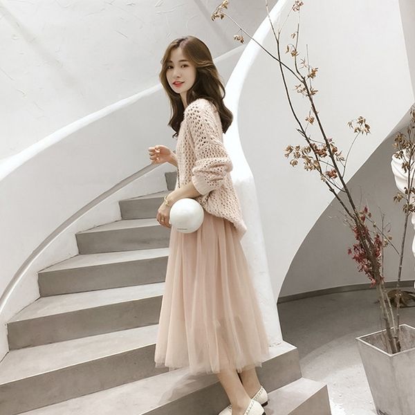 

htblw 2020 трикотажные и осенью новый корейский свитера sweaterversion из сетки аромата для юбки установлена ​​свободная мода весны свитером, White;black