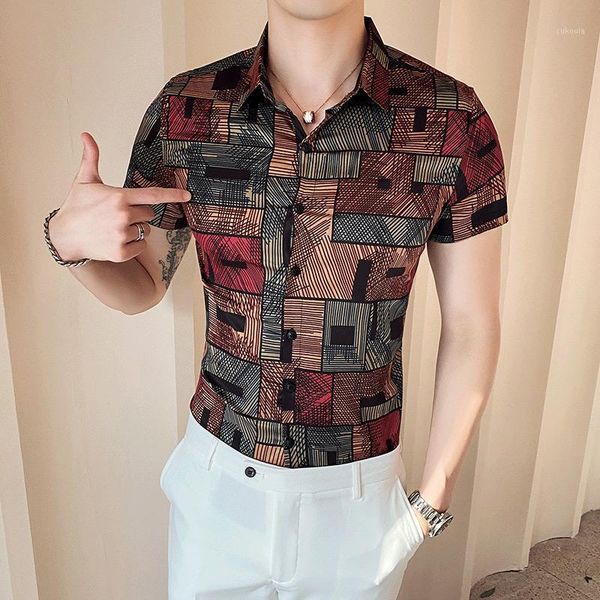 

2020 summer plaid men shirt plus size short sleeve casual slim business dress shirts chemise homme streetwear camisa masculina1, White;black