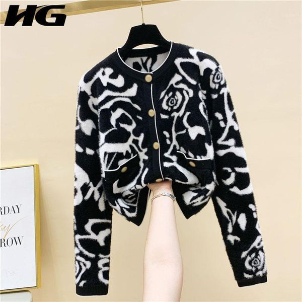 

hg single breasted print pattern knitted sweater women 2020 winter casual fashion new style temperament women clothes zy24111, White