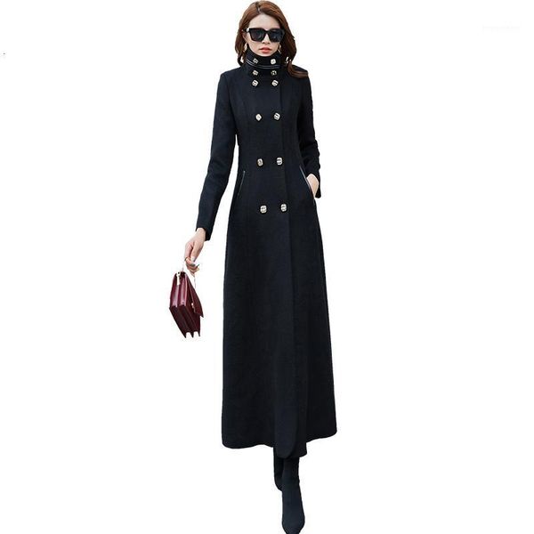 

black woolen double-breasted coat woman 2019 popular winter waist long overcoat woman manteau femme hiver casaco feminino1