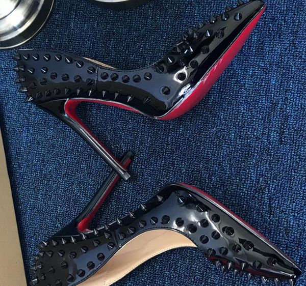 

brand shoes red sloe women pumps high heel shoes rivet pointed toe fine heel lady wedding shoes bottom for the red 8cm 10cm 12cm, Black