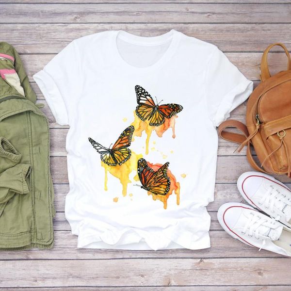 

women watercolor butterfly short sleeve 90s fashion print lady t shirts womens graphic t shirt ladies female tee shirt, White