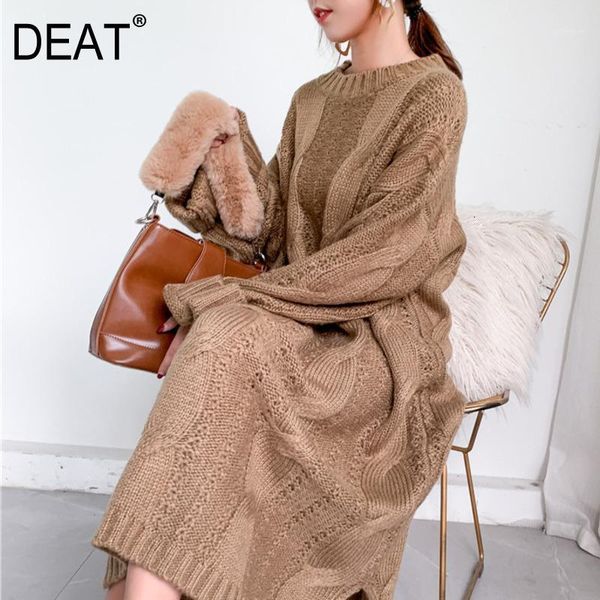 

deat 2020 new round neck lantern sleeves big hollow out pullover loose long knits dress female winter sweater 19f-a142-041, White;black