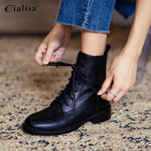 

cialisa женщина сапоги из натуральной кожи круглый toe середины каблука узелок большой размер 40 обувь 2020 мода зима осень daily boots, Black