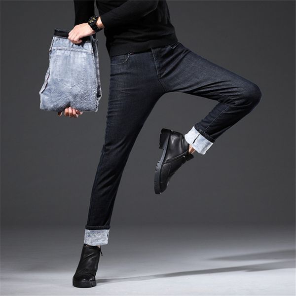 

dropshipping black jeans men's trendy brand autumn winter slim denim pants plus velvet thicken stretch straight cowboys trousers q0105, Black;white