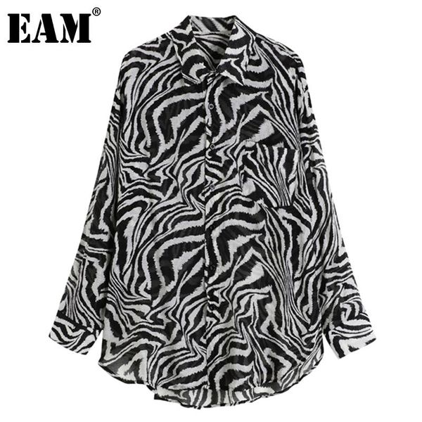 

eam] women vintage zebra pattern big size blouse new lapel long sleeve loose fit shirt fashion tide spring autumn 2020 1dc201, White
