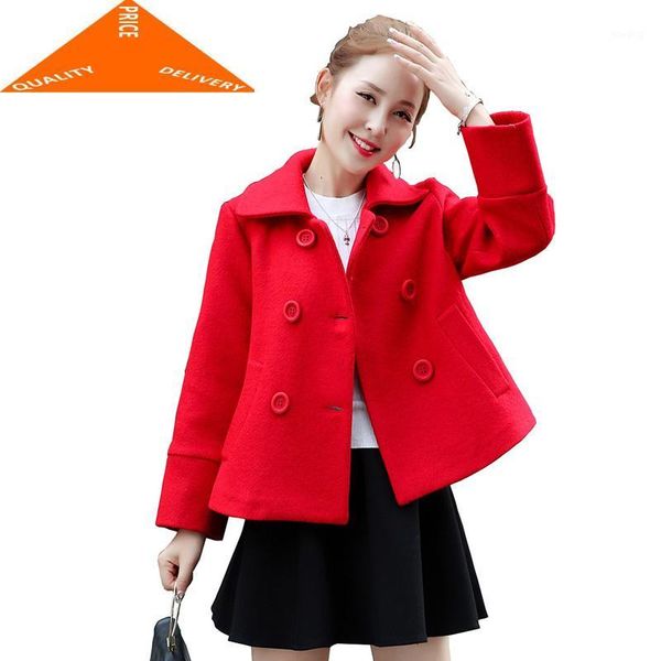 

зимняя осень и шерстяные короткие воротники женские куртки тонкий двойной грубоукладчик пальто красный плюс размер 2xl yyj3671, Black