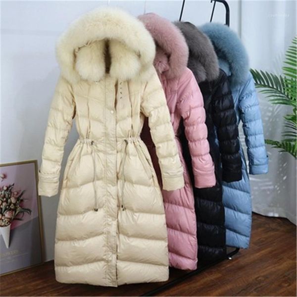 

white duck down coat 2020 long over-the-knee korean women's fashion plus size slim real fur double fur collar down jacket9831, Black