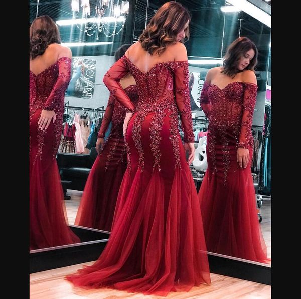 

2021 burgundy long sleeves prom dresses sequins beaded sweep train tulle mermaid custom made plus size evening party ball gown vestidos, Black