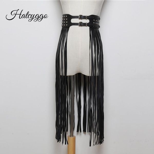

hatcyggo women tassel leather skirts belt trendy long fringe black high waist belt female punk rivet gothic wide waistband, Black;brown