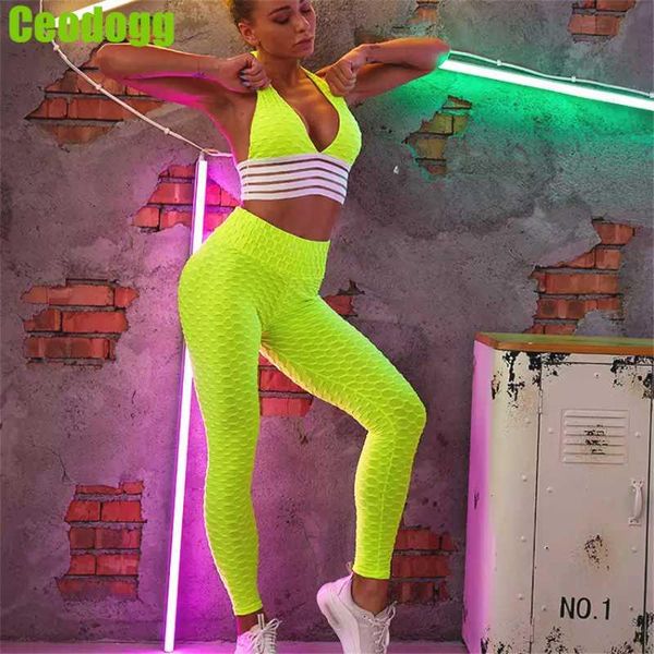 

two piece set women clothes fitness high waist leggings push up bra gym workout pants elasticity shockproof, White;red