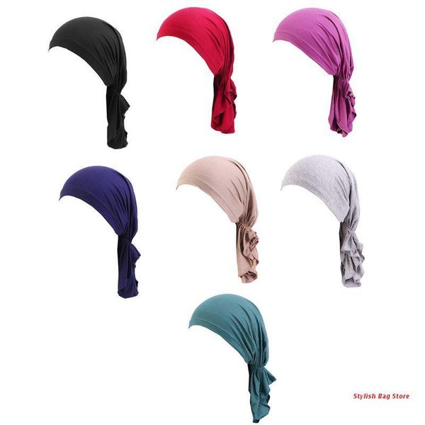 

women muslim turban cap solid color pre-tied chemo hair loss beanie hat, Blue;gray