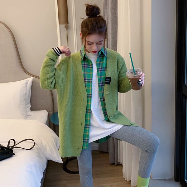

autumn 2020 new long sleeve v-neck knitted cardigan + medium length plaid shirt two piece fashion suit for women