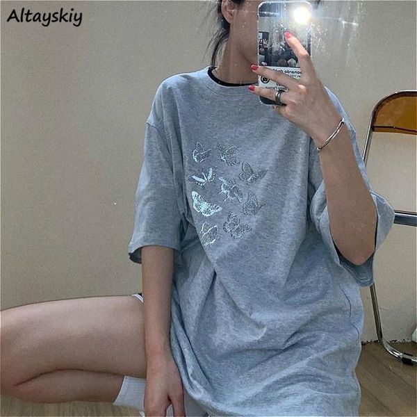 

women's t-shirt t-shirts women korean butterfly printed harajuku womens clothing long trendy black oversized street couple vintage t s, White