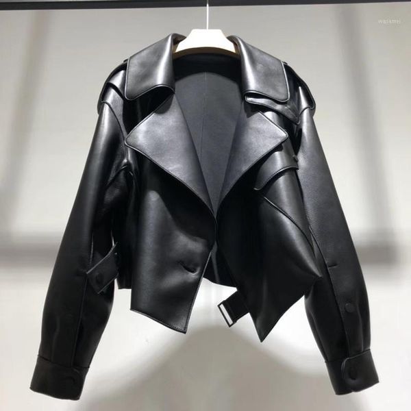 

jiang shuying's same 2021 new sheepskin leather coat women's loose short casual fashion leather jacket1, Black