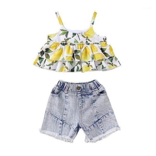 

baby girls summer clothing sets pleated lemon sleeveless vest blue denim shorts pockets pants outfits1, White