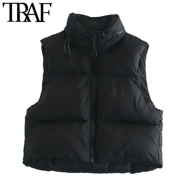 

traf women fashion hooded hidden inside cropped padded waistcoat vintage sleeveless zip-up female outerwear chic 1, Black;white