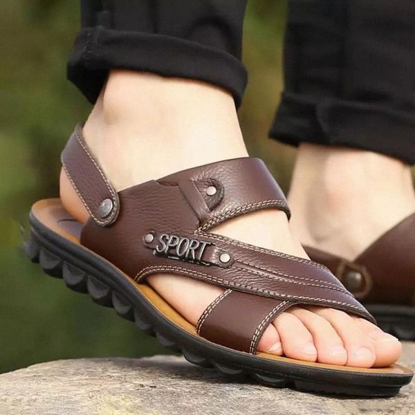 

Casual sandals men shoes summer 2020 comfortable metal decoration solid new slippers genuine leather fashion shoes men sandals #XP0r, Black