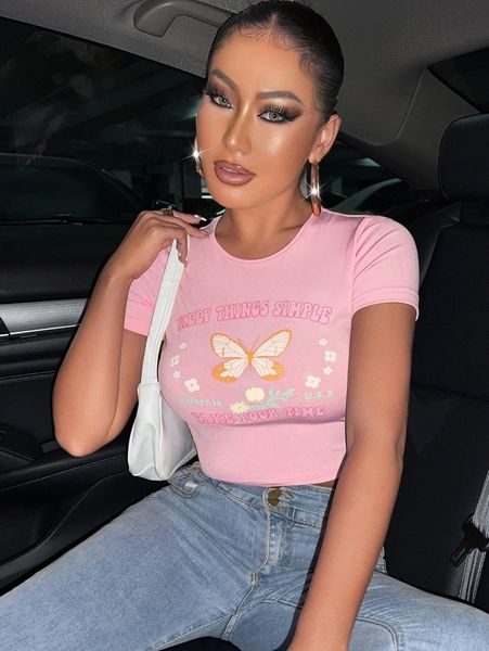 

sxy butterfly & slogan graphic crop tee y26h#, White