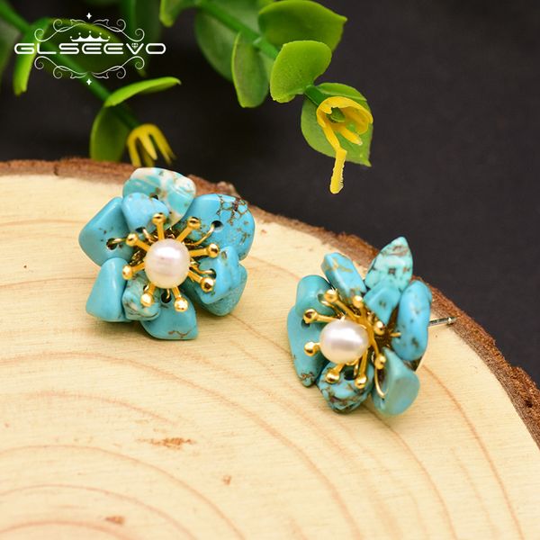 

glseevo natural citrine pearl stud earrings for women birthday day gift 925 sterling silver flower earrings fine jewelry ge0780b 200923, Golden;silver