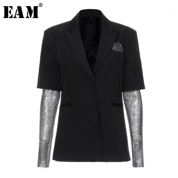 

eam] loose fit rhinestone blingbling spliced jacket new lapel long sleeve women coat fashion tide autumn winter 2019 jz1991, Black;brown