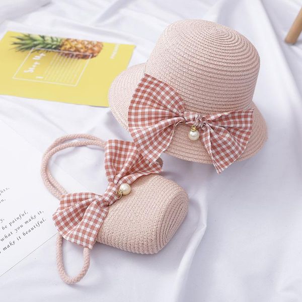 

children and girls sunshade straw hat lovely princess hat summer sun beach bag set, Blue;gray